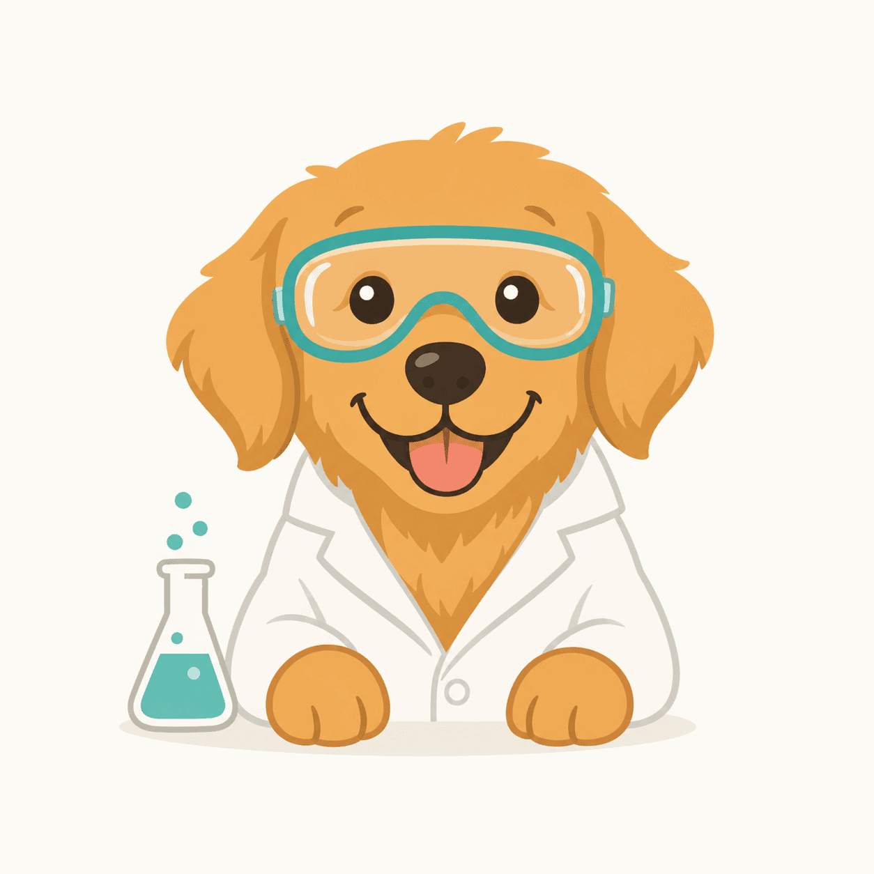 Friendly dog wearing goggles and a lab coat