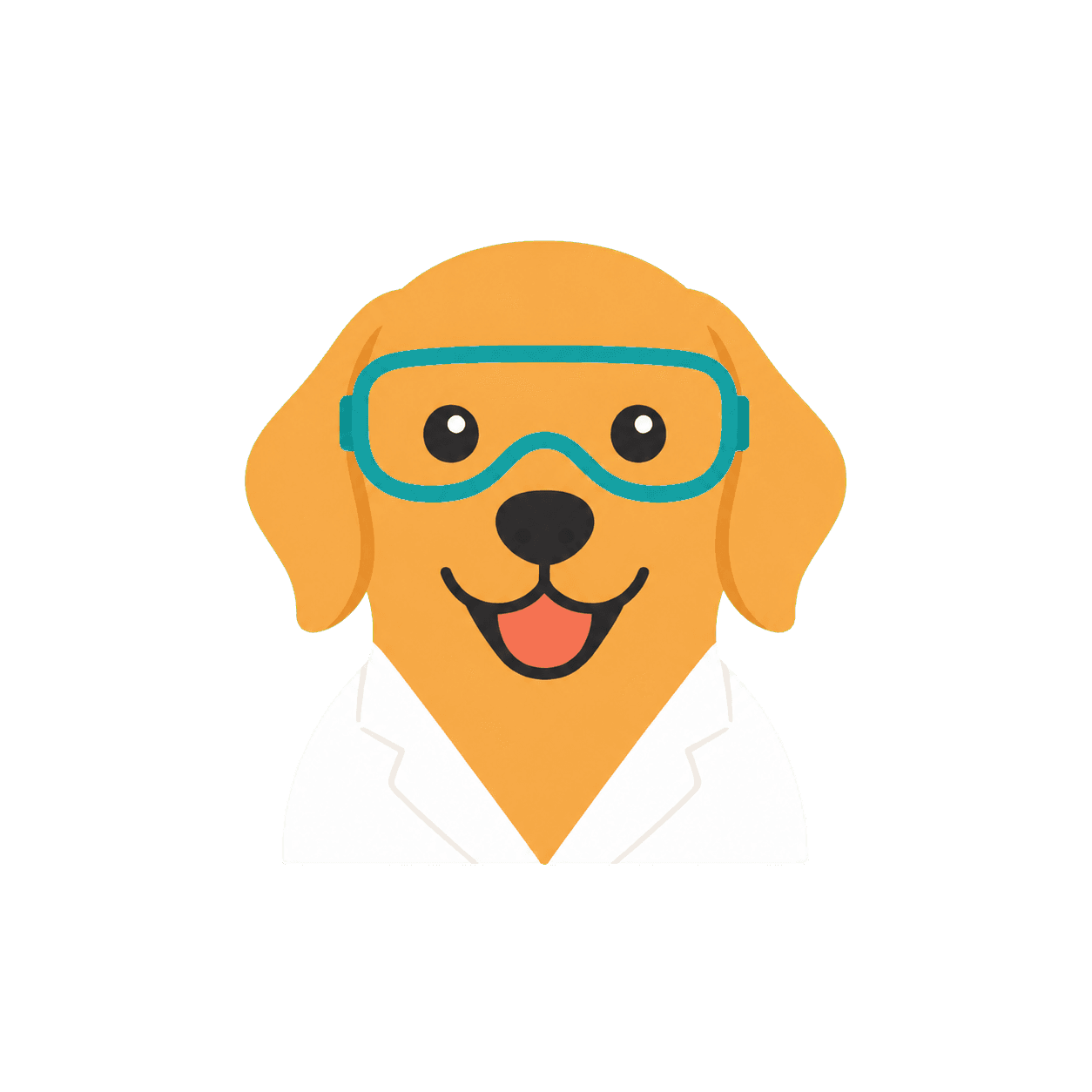 Friendly dog wearing goggles and a Codepet lab coat